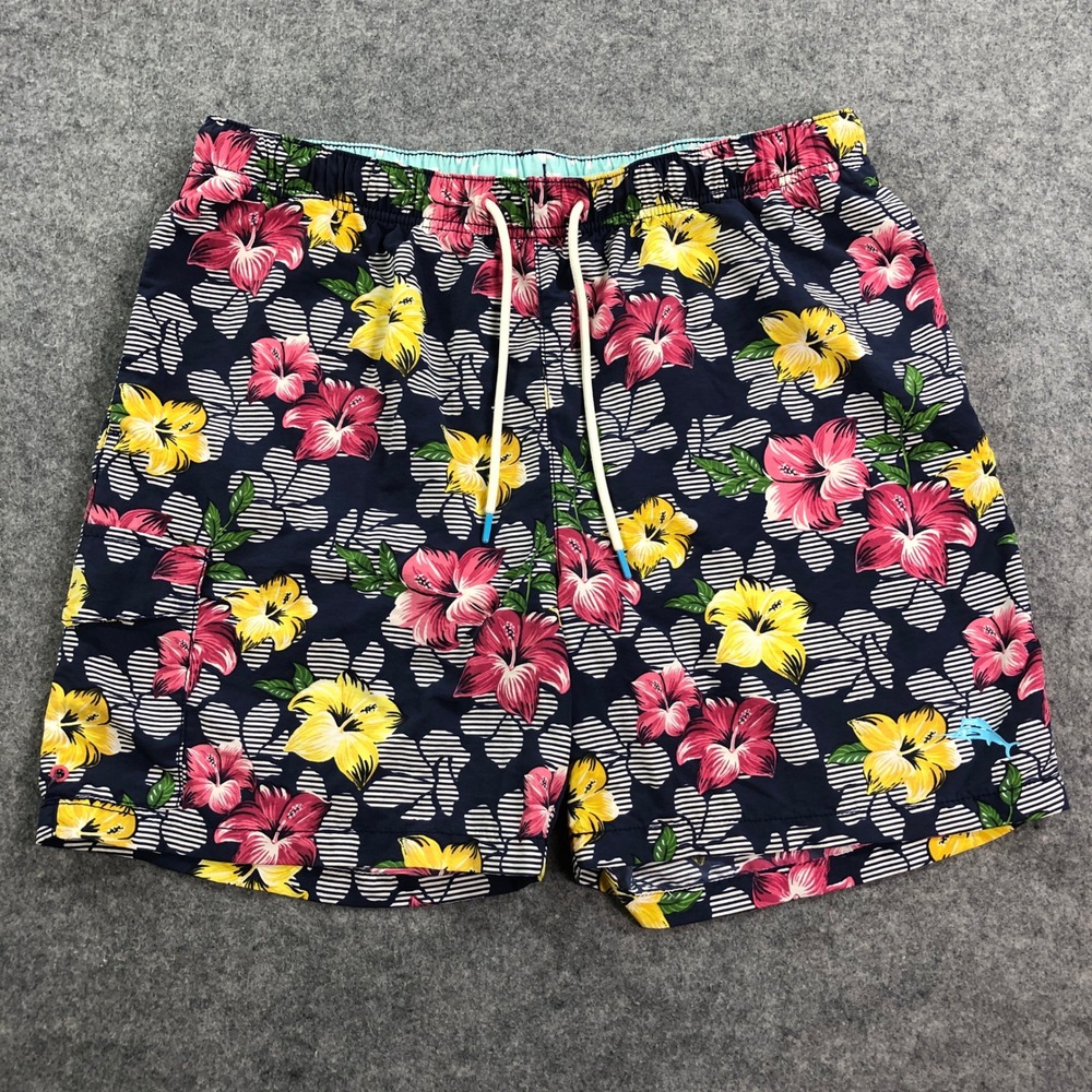 Tommy Bahama Mens Swim Trunks Large Navy Blue Tropical Floral Stripes Drawstring